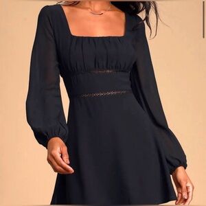 Lulus Loving Memories Blk Long Sleeve Square Neck Crochet Lace Skater Dress Lrg